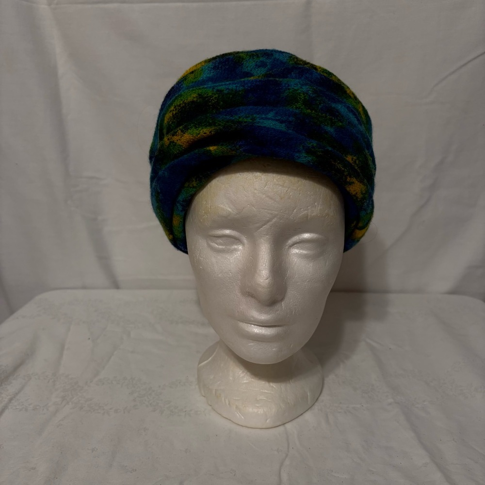 Frank M. Benson fuzzy cap hat in a multi-color design of blues and greens. - Picture 2 of 6